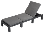 Grey rattan sun lounger with adjustable backrest and cushions on a black background