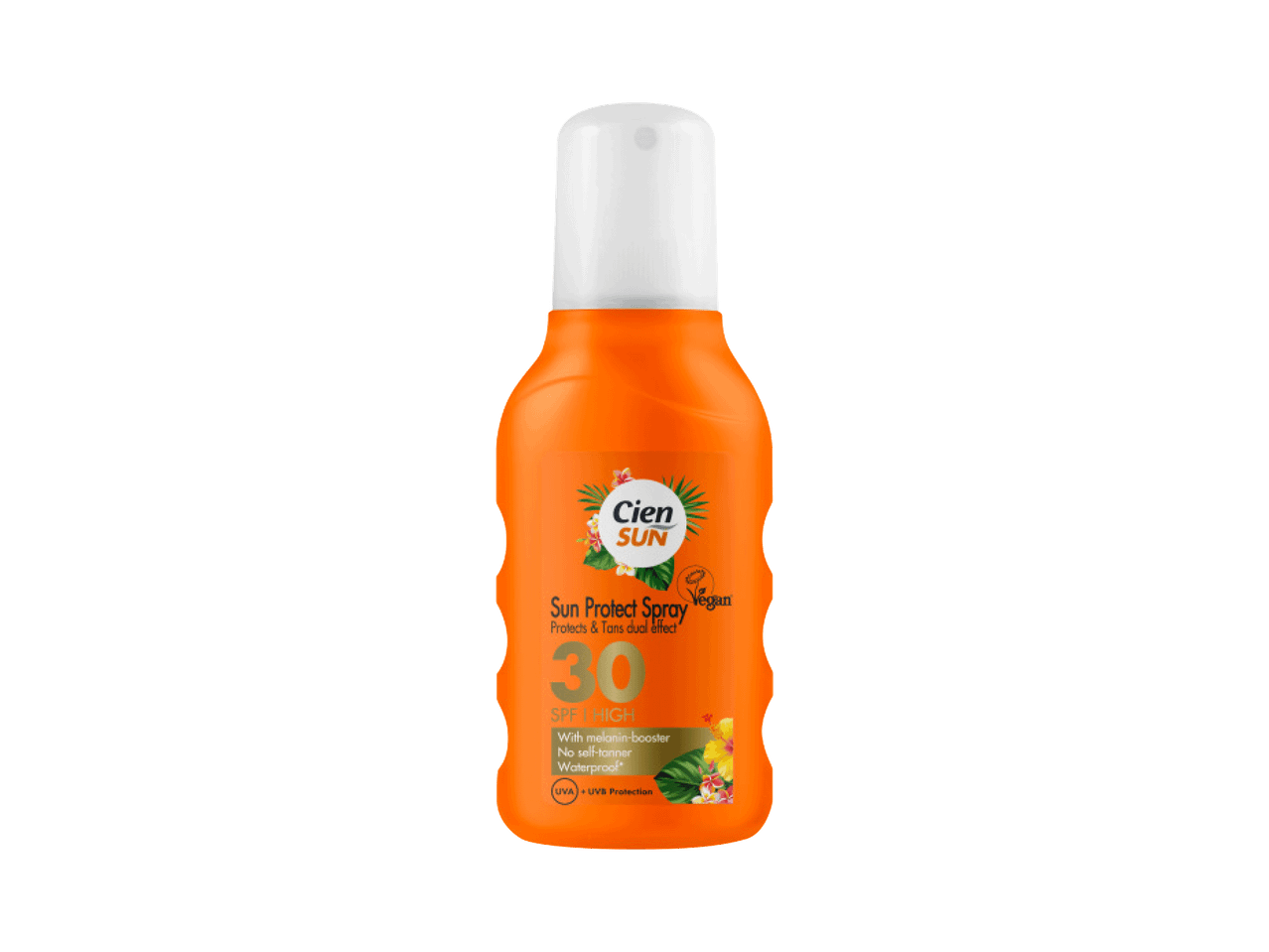 Narandžasti sprej za zaštitu od sunca sa SPF 30, sa natpisom „Sun Protect Spray“ i „Vegan“.
