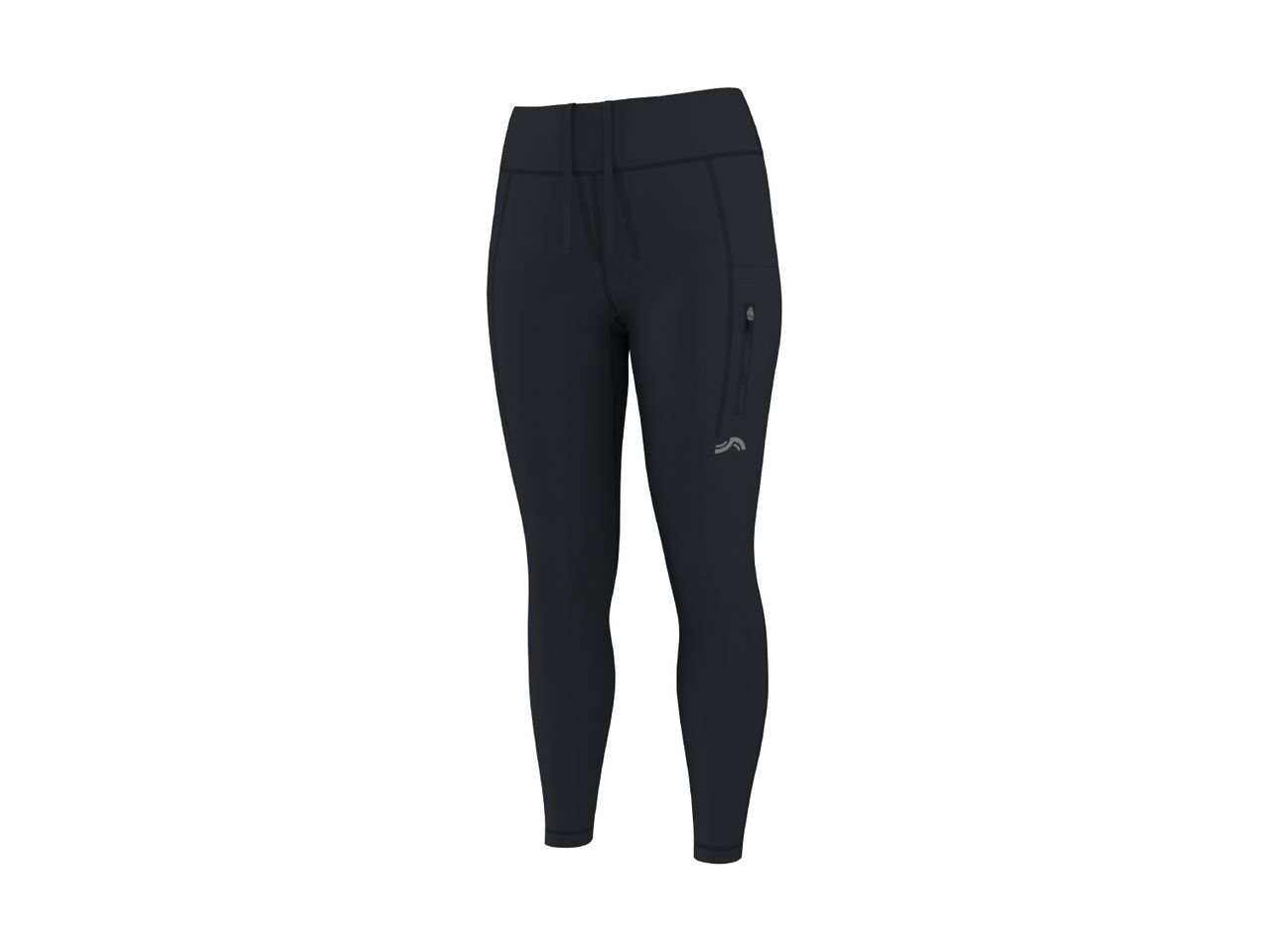 Black women's sports leggings with a drawstring waist and a zippered side pocket.