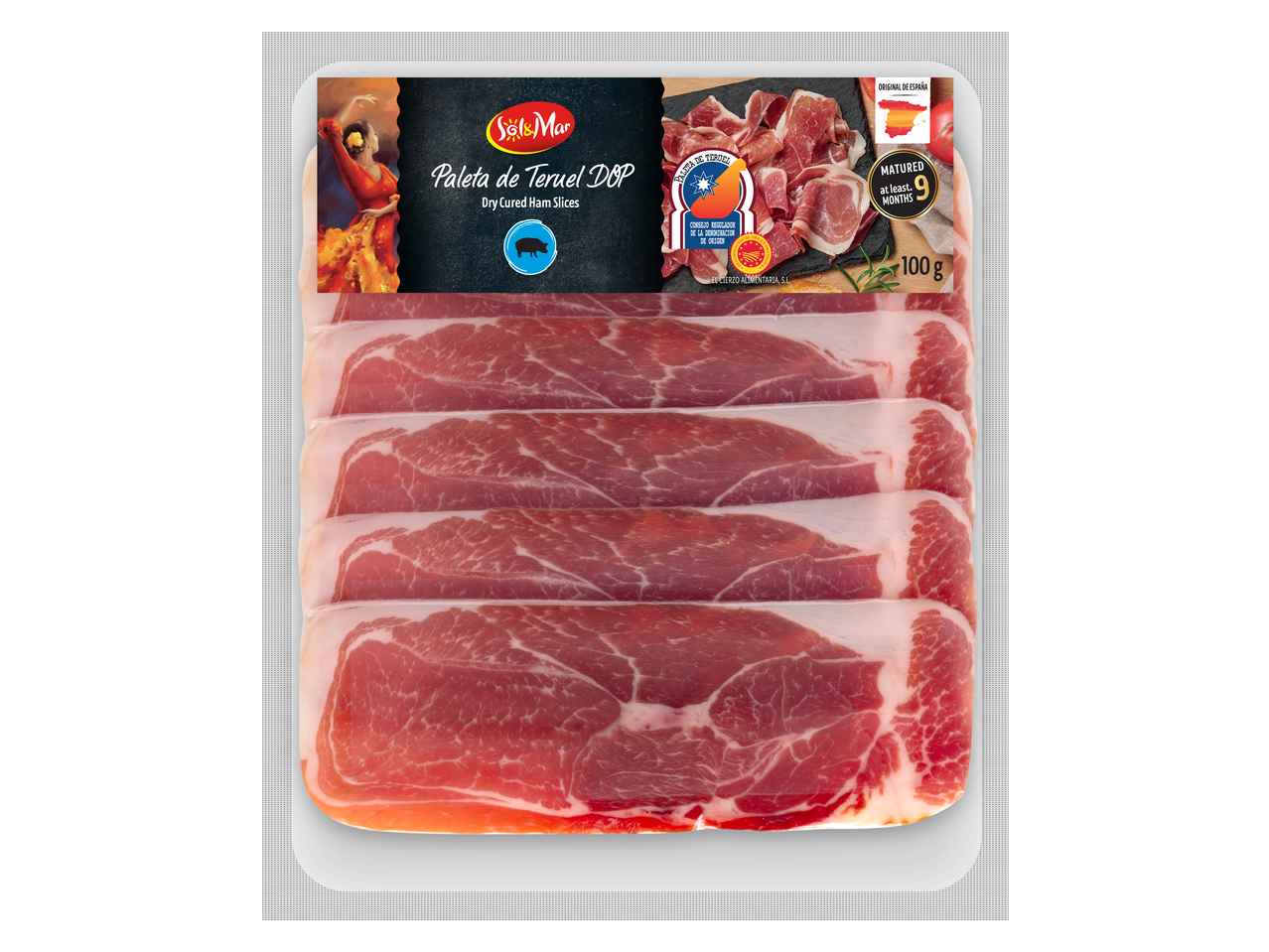 Sol&Mar Șuncă crud-uscată Paleta de Teruel DOP, maturată minim 9 luni, 100g.