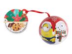 Minions Christmas bauble with chocolate chip cookie tag: 'No palm oil, 21% chocolate drops, Source of fibre'