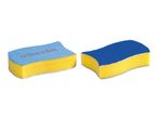 Two yellow and blue dishwashing sponges with a wavy shape.