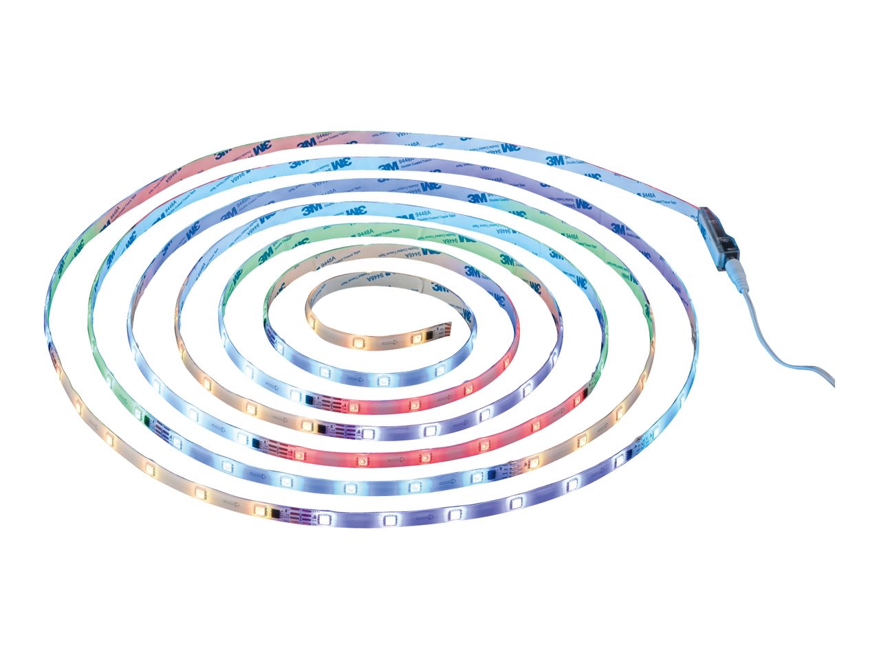 A coiled strip of LED lights with 3M adhesive backing, displaying various colors.
