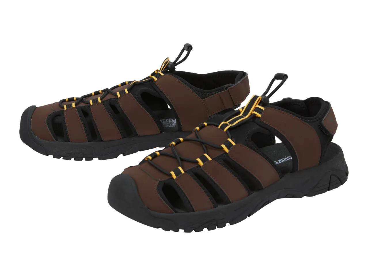 Pair of brown and black men's outdoor sandals with yellow accents and bungee laces.