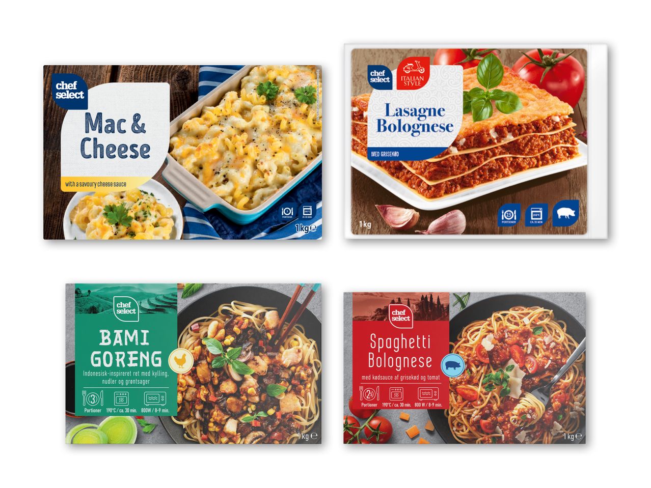 Fire færdigretter: Mac & Cheese, Lasagne Bolognese, Bami Goreng og Spaghetti Bolognese.