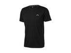 Black short-sleeved sports t-shirt with a small grey logo on the chest.