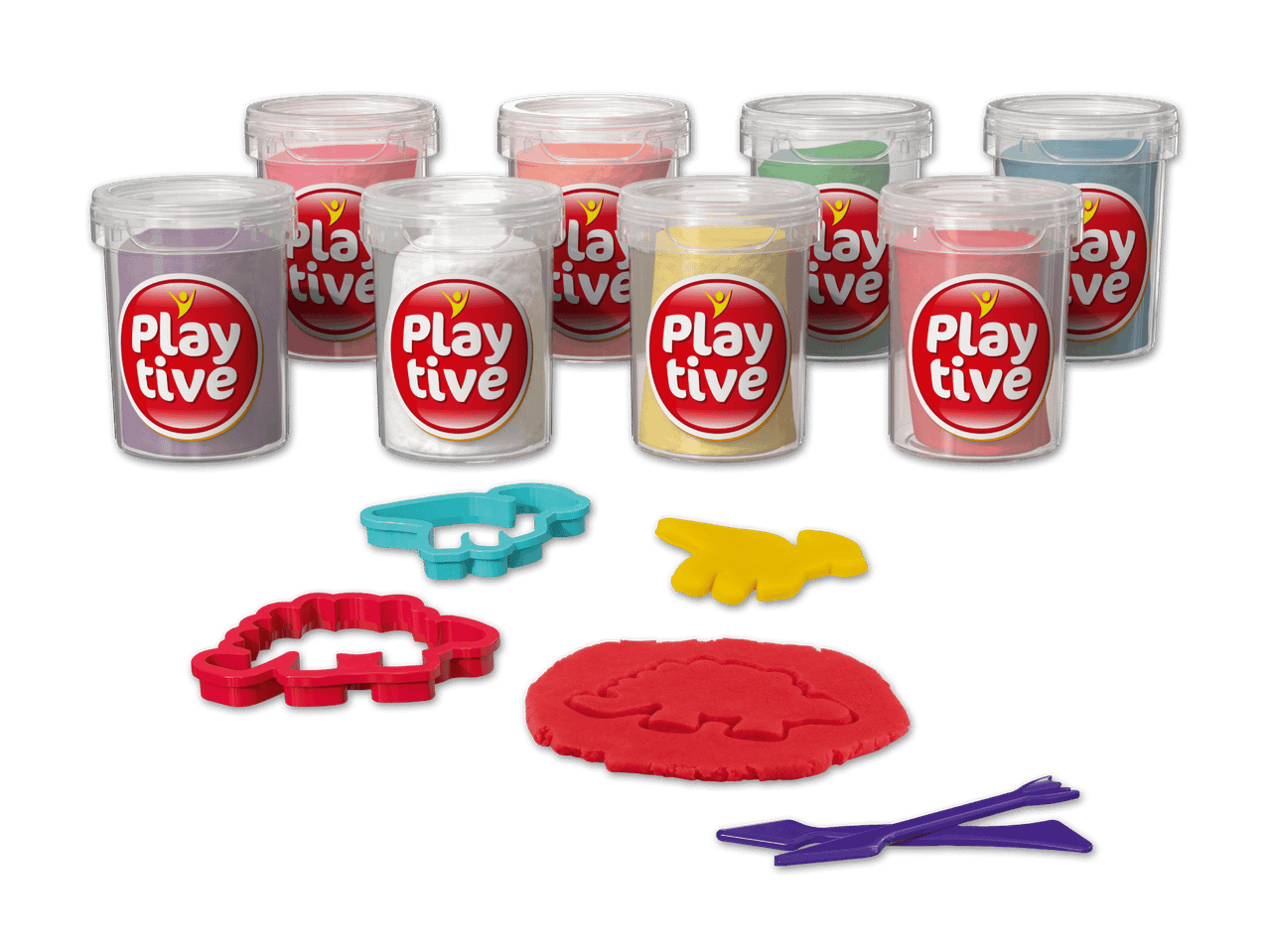 Play-Doh-Knete in verschiedenen Farben in Dosen und als fertige Formen.