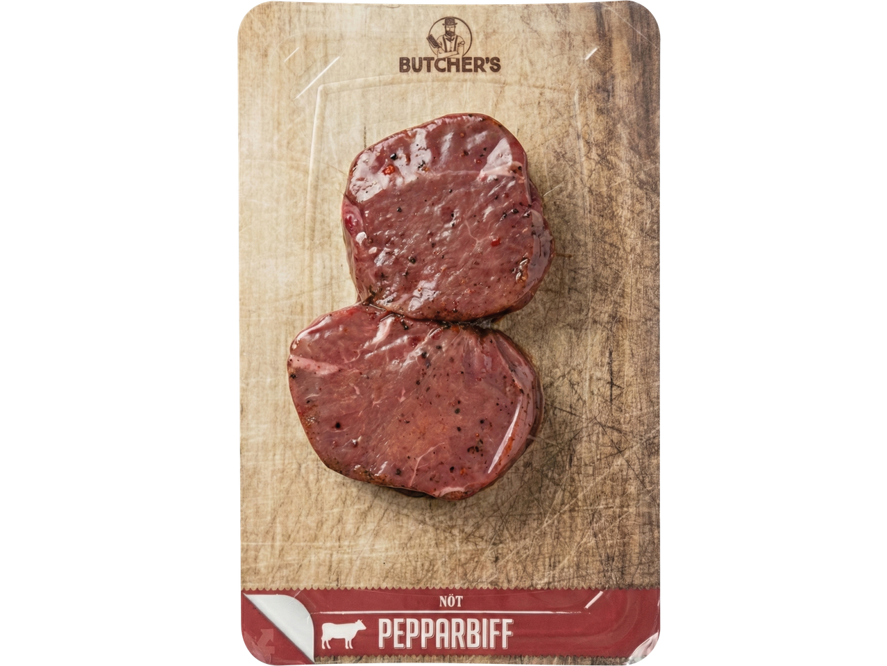 Två marinerade nötköttsbitar i vakuumförpackning på en träbakgrund, med texten 'NÖT PEPPARBIFF'.