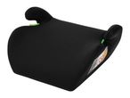 Black booster car seat with green accents, angled view.
