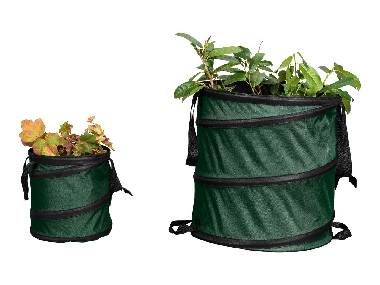 Two green pop-up garden bags, one small with autumn leaves and one large with green branches.