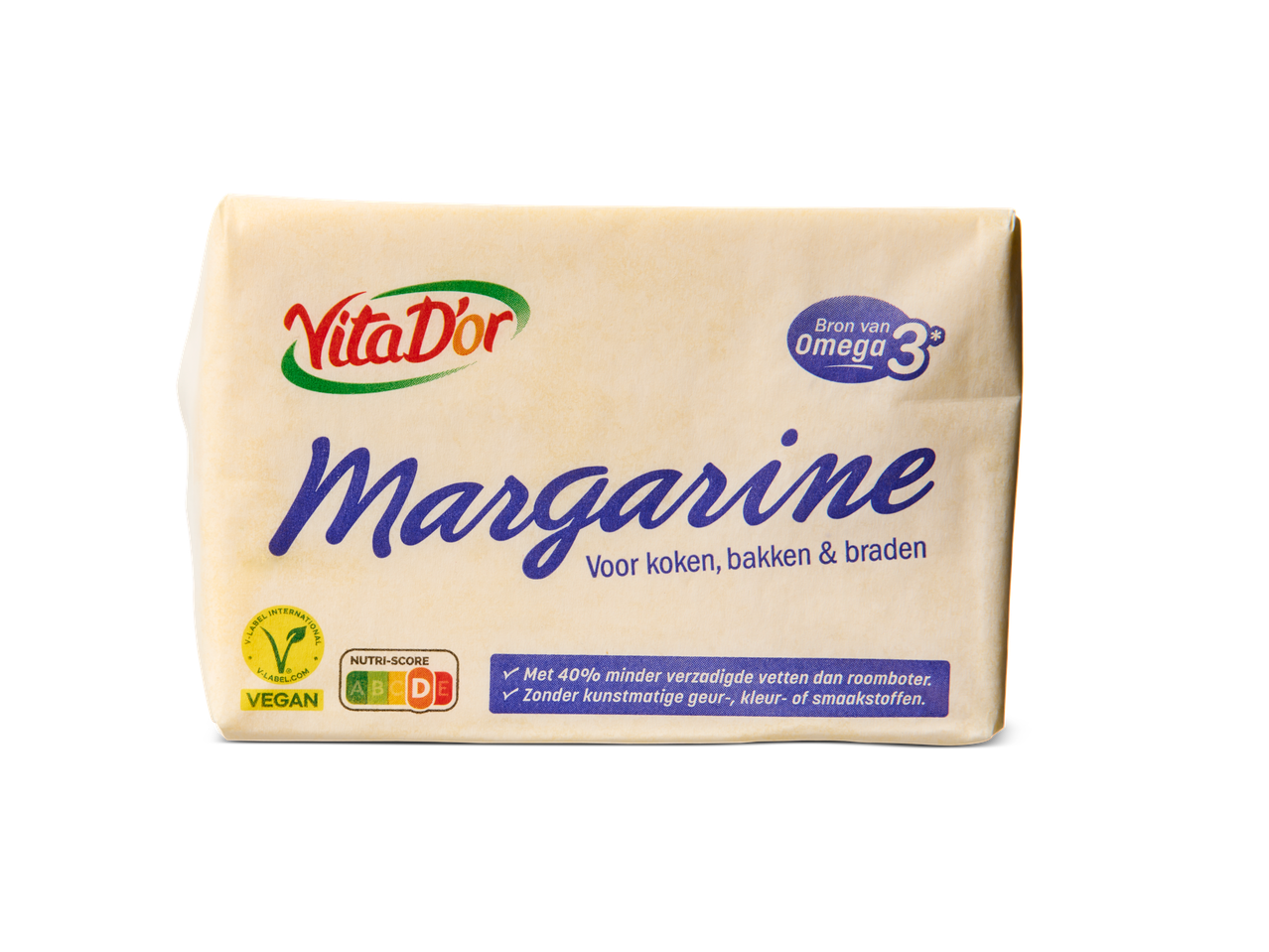 Verpakking veganistische VitaD'or margarine, rijk aan Omega 3.