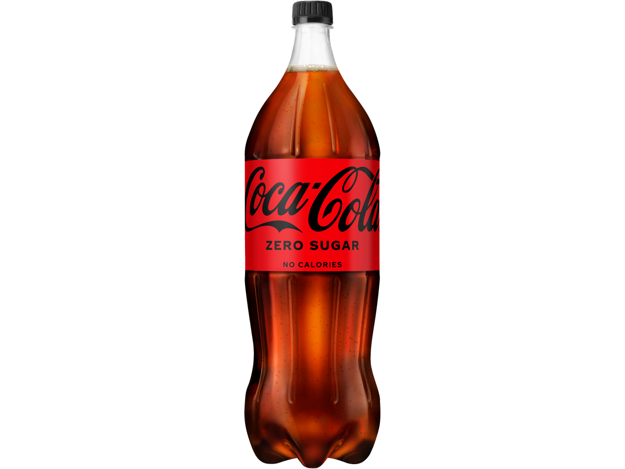 A Coca-Cola Zero Sugar bottle stands against a black background.