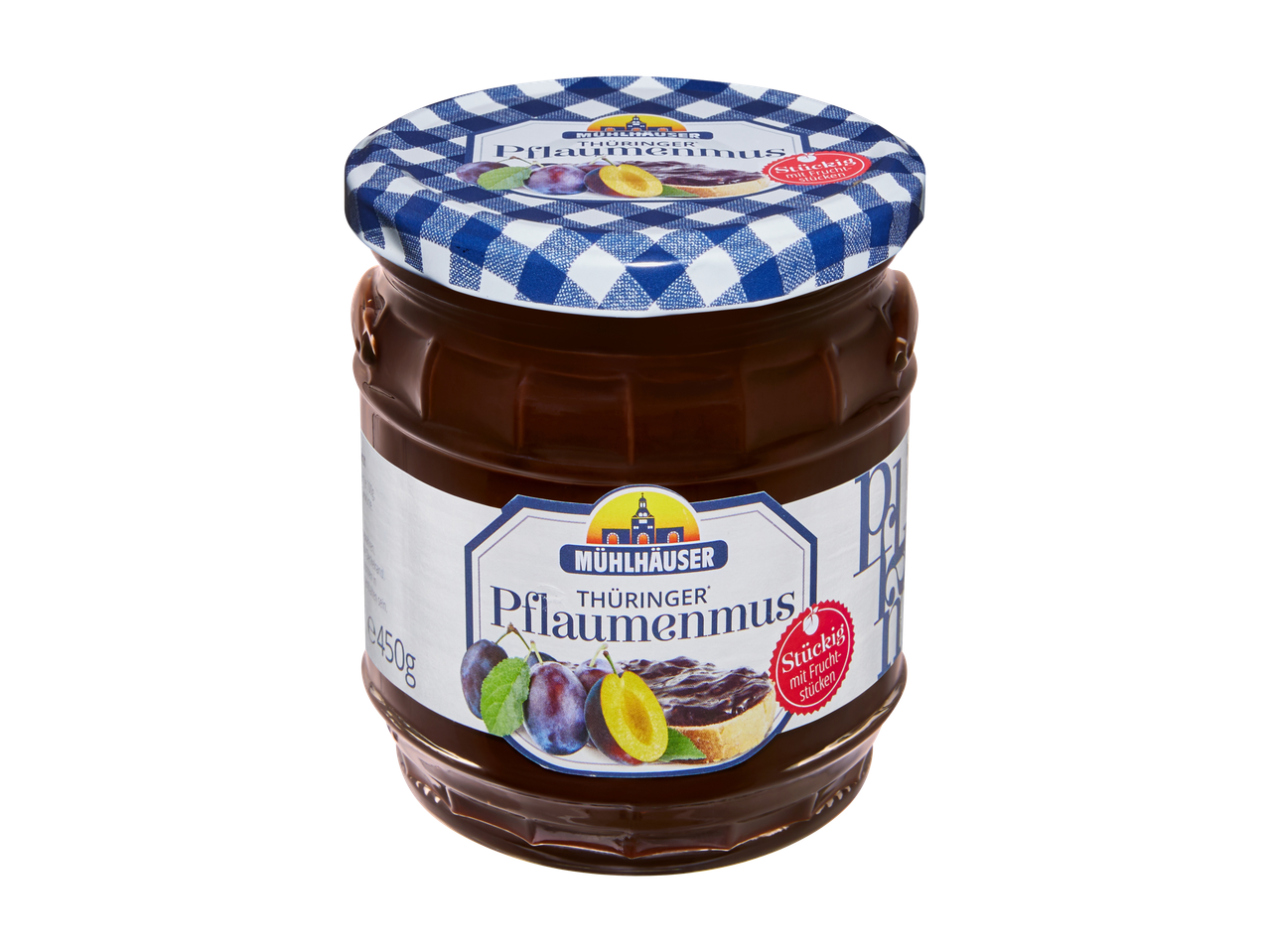 MÜHLHÄUSER Thüringer pruimenjam met fruitstukjes in een pot