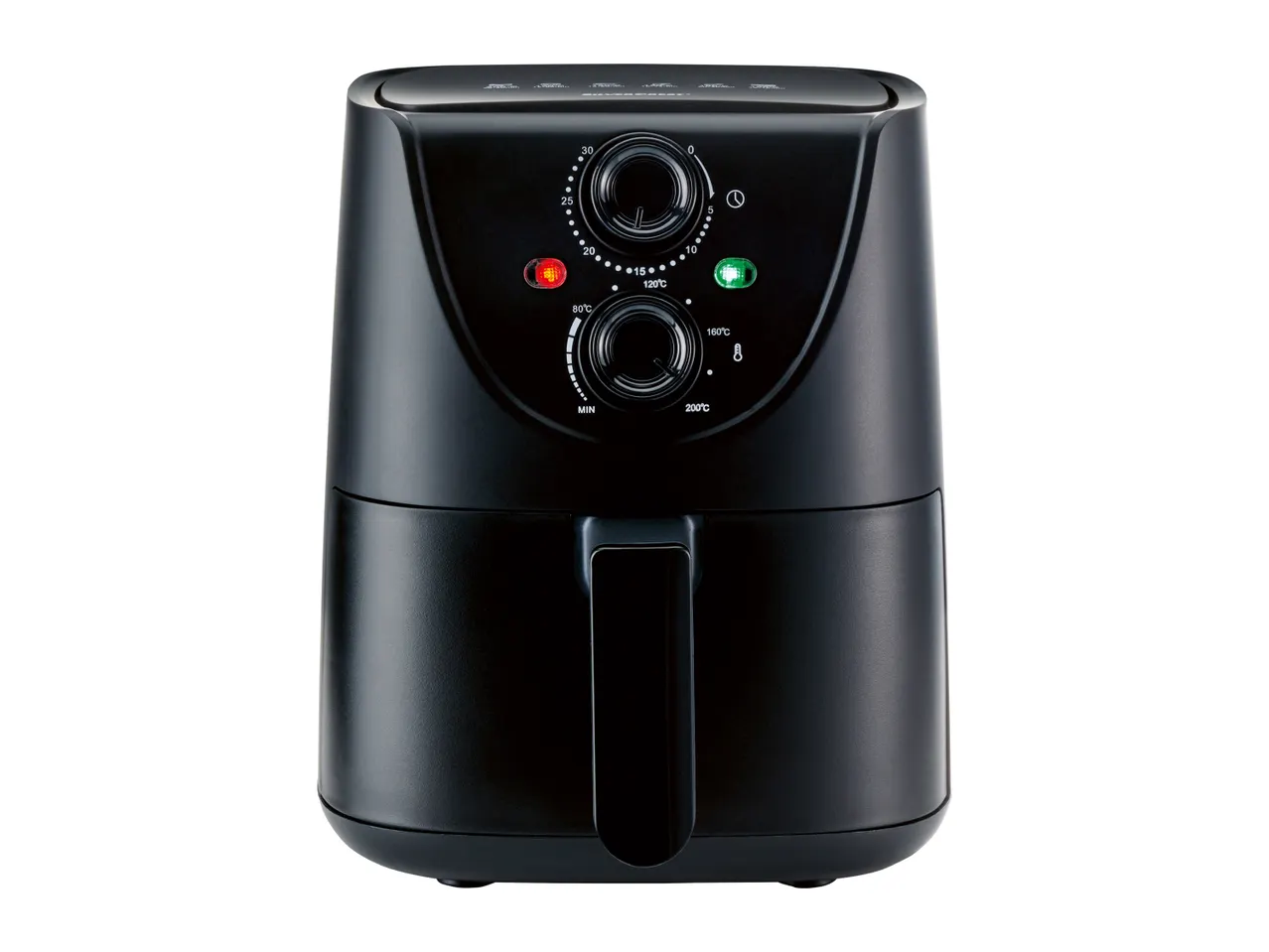 A black air fryer with two control knobs, one for temperature and one for time.