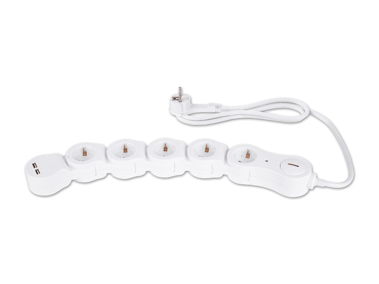 Eine weiße, flexible Steckdosenleiste mit mehreren Steckplätzen und USB-Anschlüssen.