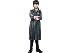 Child in a Wednesday Addams costume with black braids and a striped dress.