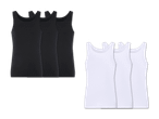 Drei schwarze und drei weiße Tanktops liegen nebeneinander.