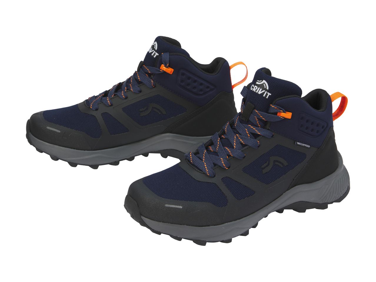 Two navy blue and orange Crivit hiking boots.