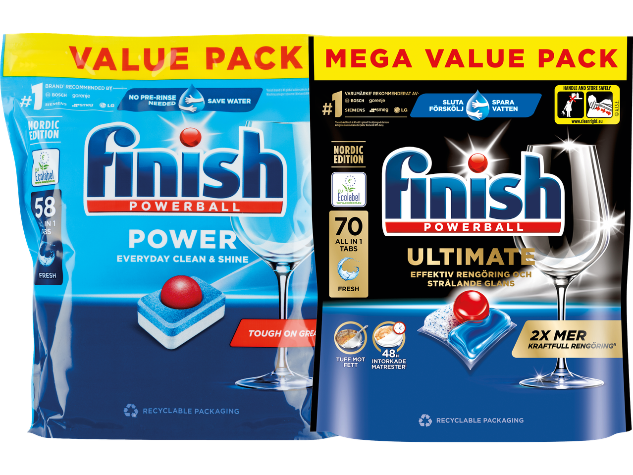 Två Finish Powerball diskmedelsförpackningar, en 'Value Pack' och en 'Mega Value Pack', med olika antal tabletter.