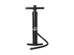 Black hand pump with a flexible hose and a T-handle, used for inflating items.