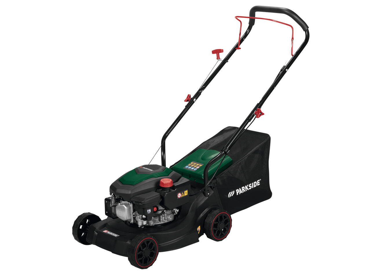 Parkside benzininis vejapjovė: galingas variklis, žolės surinkėjas.