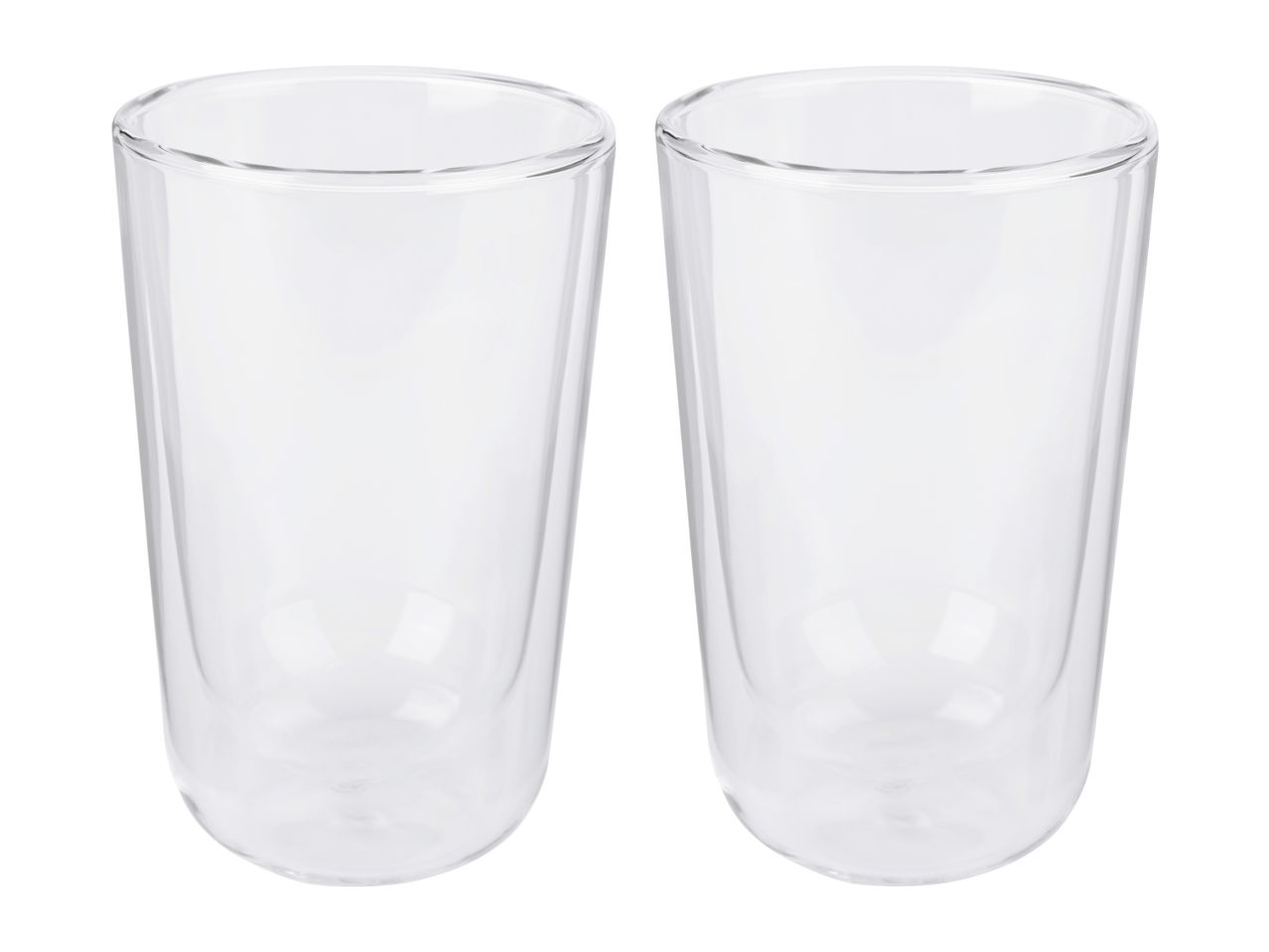 Two clear double-walled glasses on a white background.