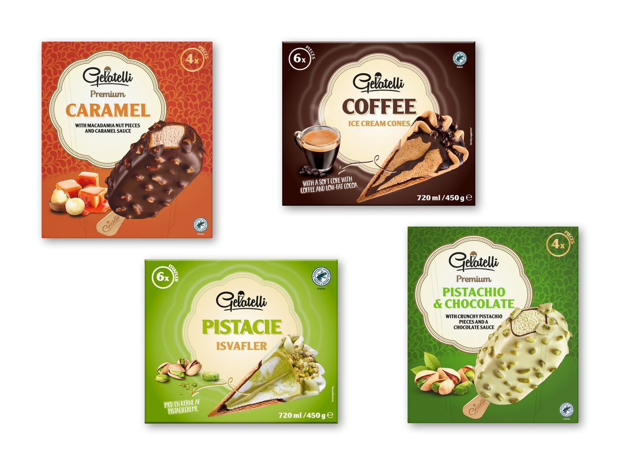 Fire pakker is: karamelis på pind, kaffeisvafler, pistacieisvafler og pistacie- og chokoladeis på pind.