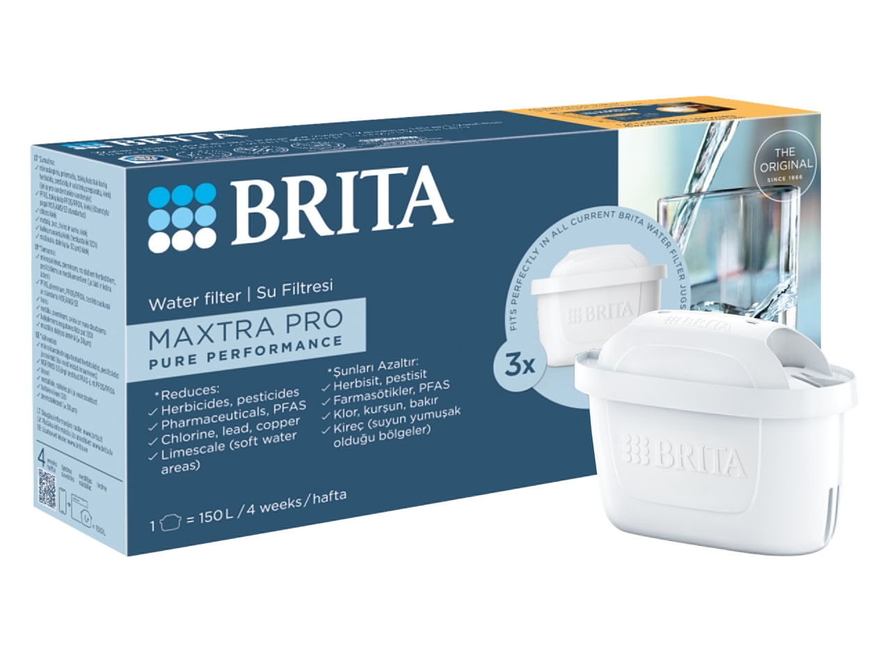 Pakiranje filtera za vodu s tri uloška, ističući smanjenje herbicida i kamenca.