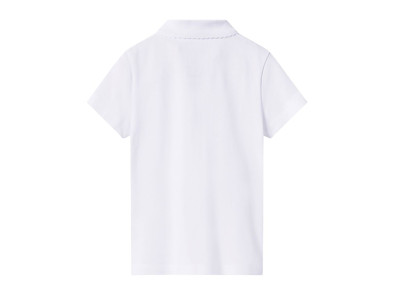 White short-sleeved polo shirt with a scalloped collar, back view.
