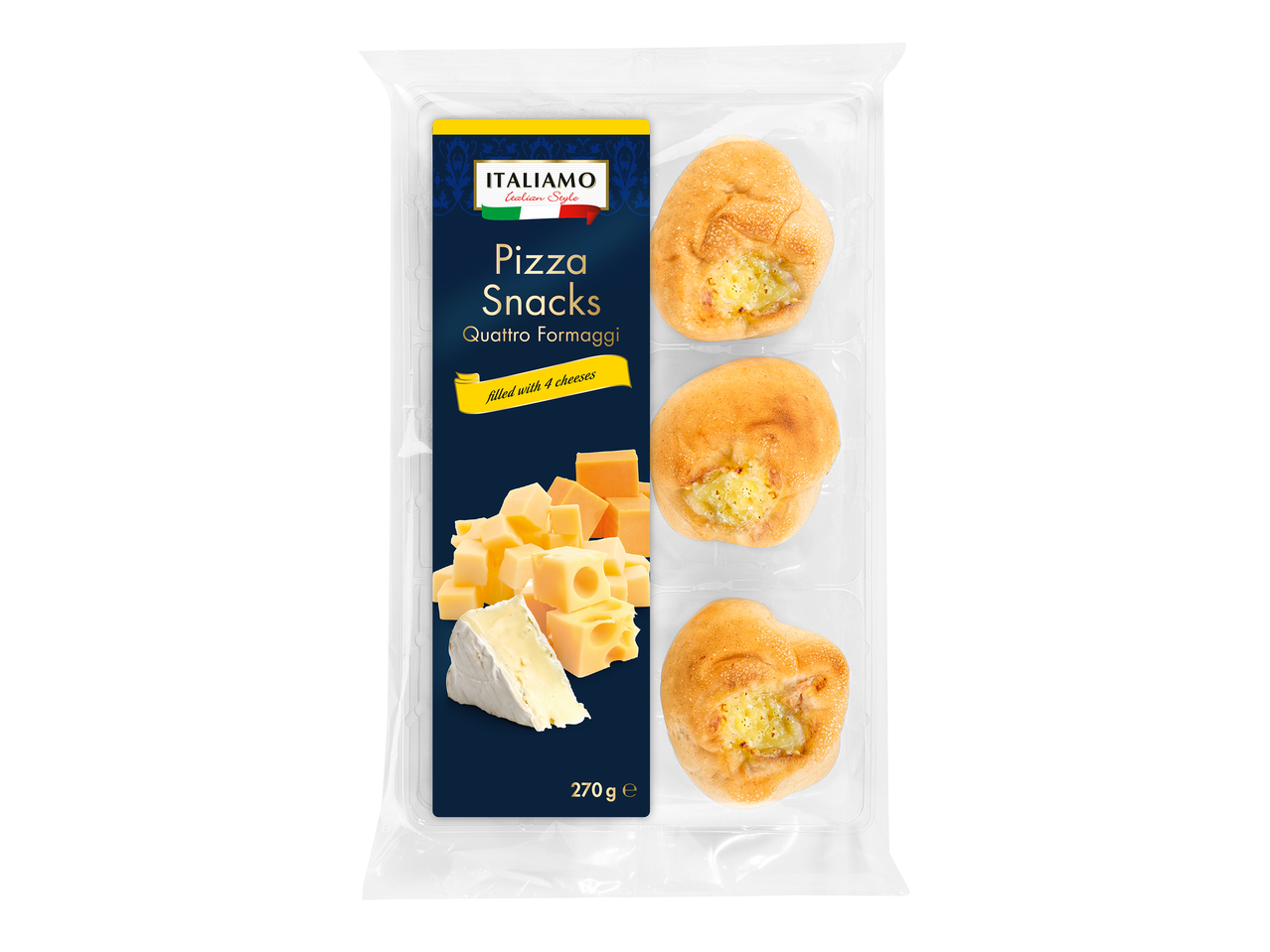 Snacks pizza Quattro Formaggi, fourrés aux 4 fromages, dans un emballage transparent.