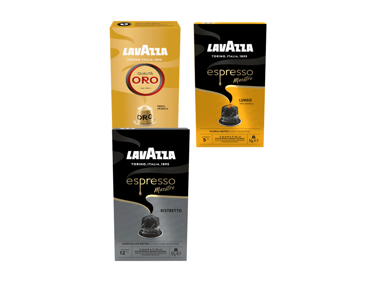 Tri pakovanja kapsula kafe, uključujući Qualità Oro, Espresso Maestro Lungo i Espresso Maestro Ristretto.