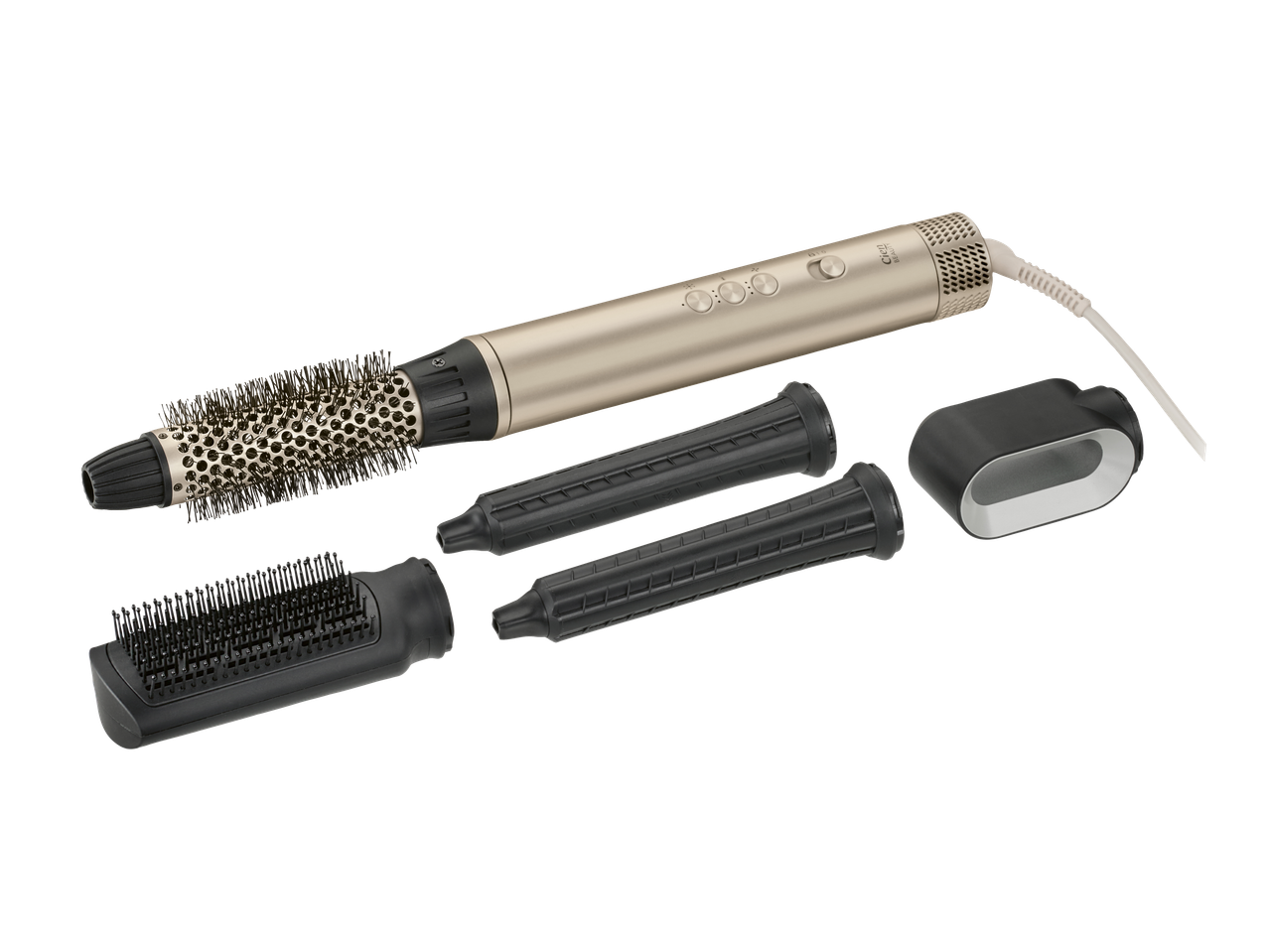 A gold hot air styler with multiple black brush and curling attachments.