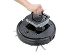 Hand removing the water tank from a robotic vacuum cleaner.
