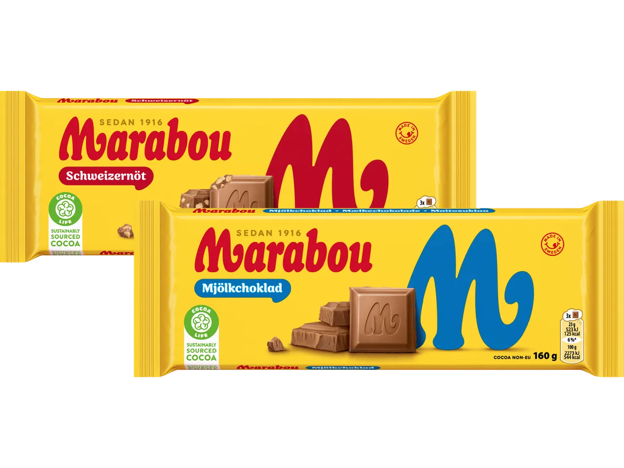 Två gula chokladkakor, en med nötter och en mjölkchoklad, med texten 'SEDAN 1916'.