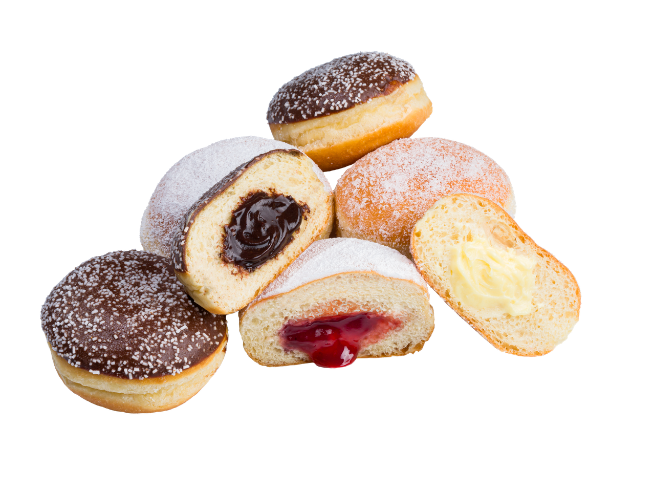 Choklad-, marmelad- och gräddfyllda munkar.