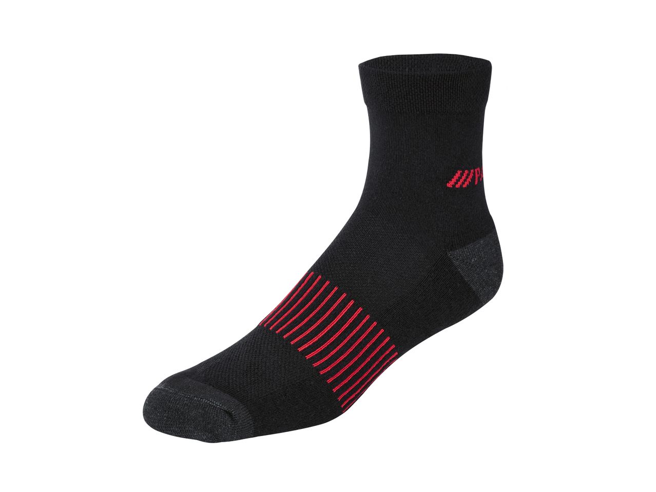 A black sock with red stripes and a red logo on a white background.