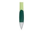 Close-up of a green and light green ballpoint pen with a textured grip.