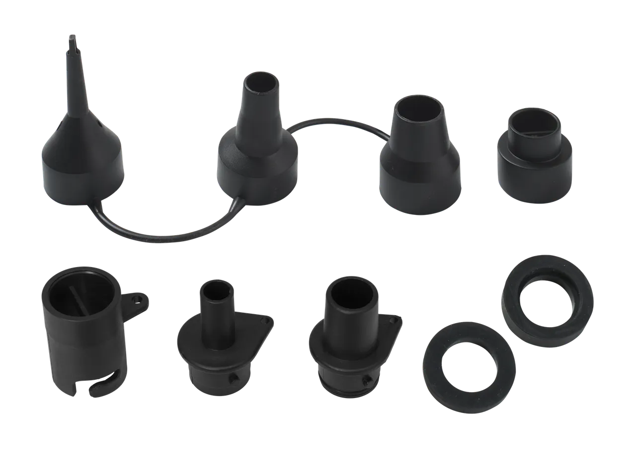 A set of black plastic nozzles and adapters for various applications, including two rubber rings.