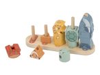 Wooden stacking toy with sea animals: crab, clownfish, lion, turtle, and whale.