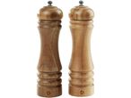 Two wooden salt and pepper grinders with metal tops.