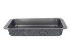 Rectangular baking pan with speckled exterior and dark grey interior