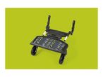 Black stroller board with colorful patterns on the standing surface, featuring two wheels.
