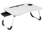 Hopfällbart laptopbord med mugghållare och låda.