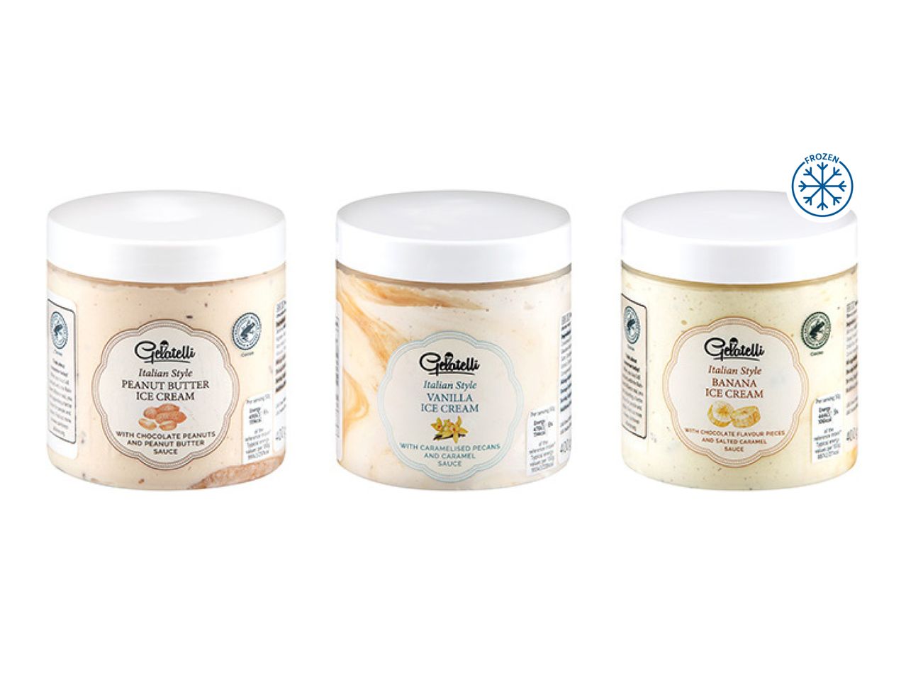 Three tubs of Italian-style ice cream: peanut butter, vanilla, and banana, all frozen.