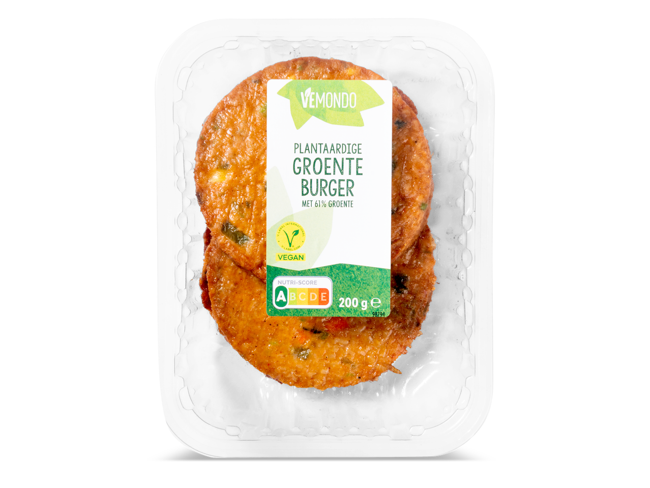 Verpakking met plantaardige groenteburgers, 61% groente, Nutri-Score A, 200g.