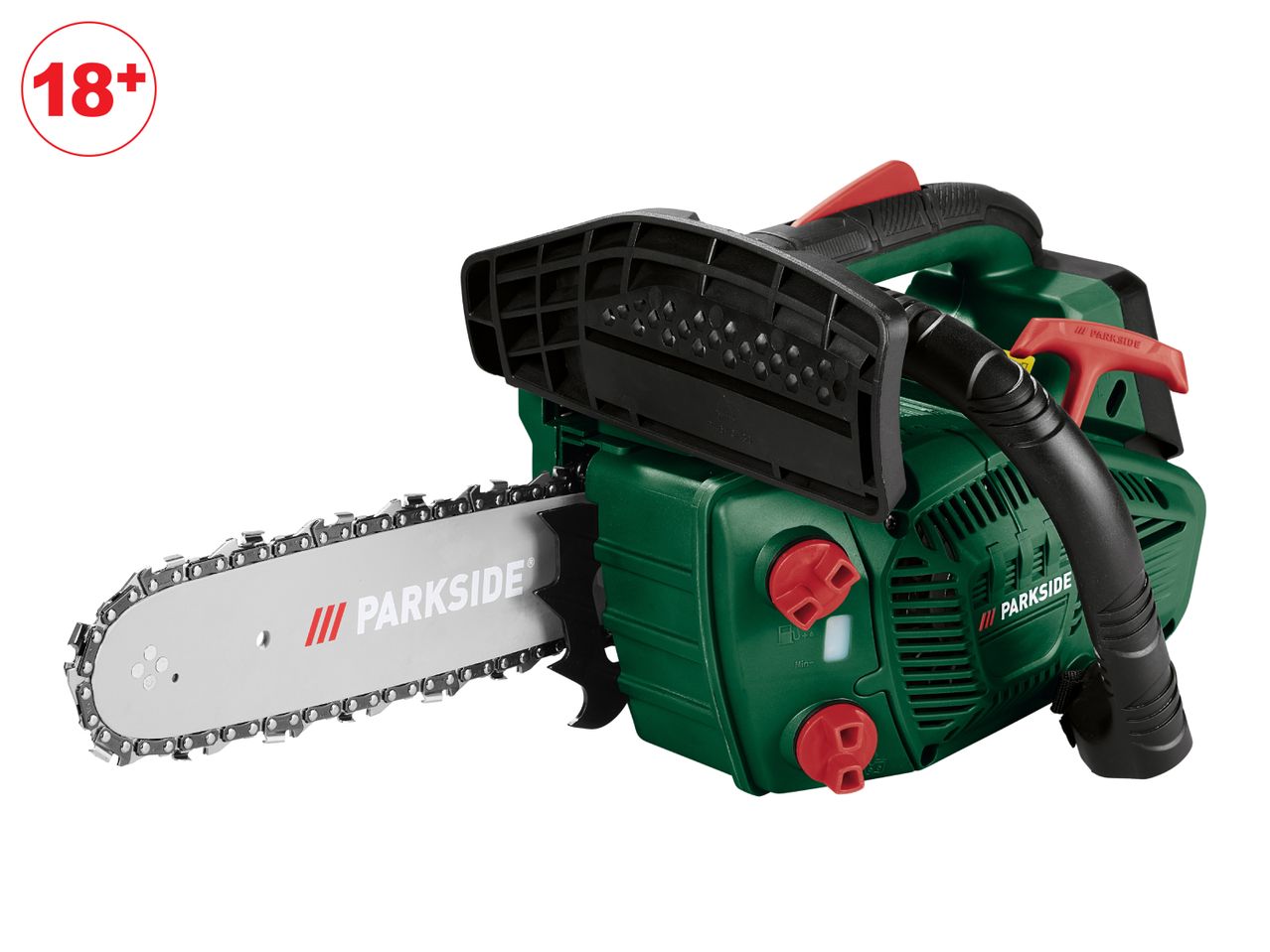 A green and black Parkside chainsaw with a red 18+ age restriction symbol.