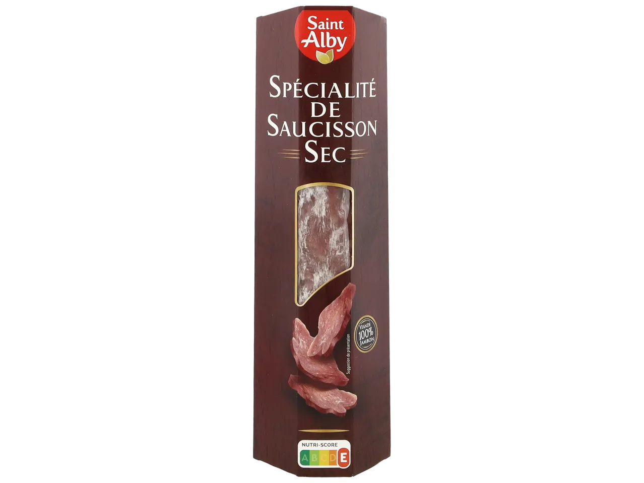 Saucisson sec avec la mention 'Viande 100% Jambon' et un Nutri-Score A.