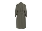 Back view of a long, dark green trench coat with a belt and buttons on the sleeves.