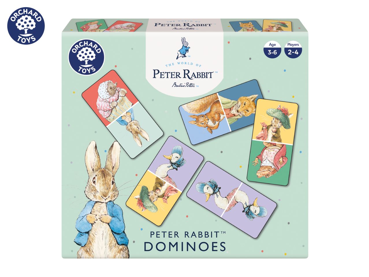 Peter Rabbit themed dominoes game for ages 3-6, featuring various animal characters.