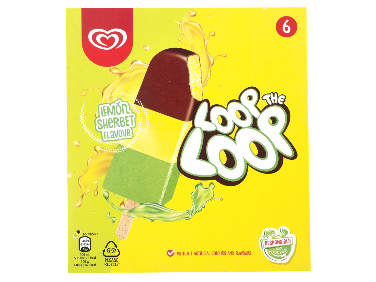 Lemon sherbet ice lolly with chocolate coating, 6-pack, without artificial colours and flavours.